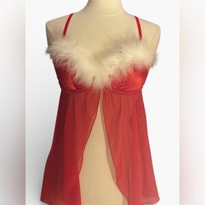 Y2K/Elegant Red Feather-Trimmed Babydoll Santa Slip